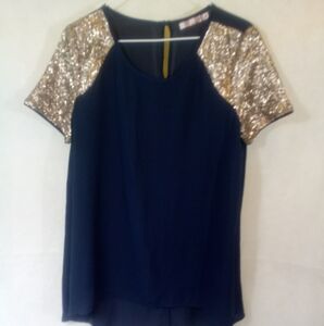Katie Navy S/S Sequined Pullover Crew Neck Blouse Shirt Top XL